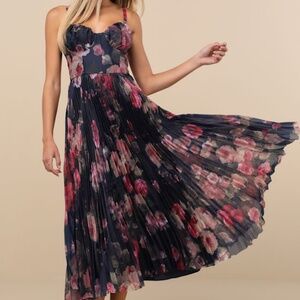 Lulus Alluring Invite Midnight Blue Floral Pleated Bustier Midi Dress - Size L
